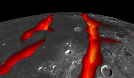 A view of Earth's moon looking south across Oceanus Procellarum, representing how the western border structures may have looked while active. This image combines gravity gradient from NASA's GRAIL and LRO.