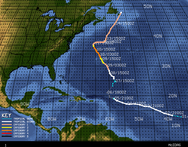 Best track positions for Hurricane Erin, September 2001.